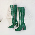Green Yellow Boots for Woman Snake Skin PU Leather Block High Heels Zipper Womens Winter Boots Knee High Long Boots