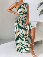 Breezaya Summer Asymmetric Neckline Pleated Hollow Out Printed Long Dress Maxi Women Outfit