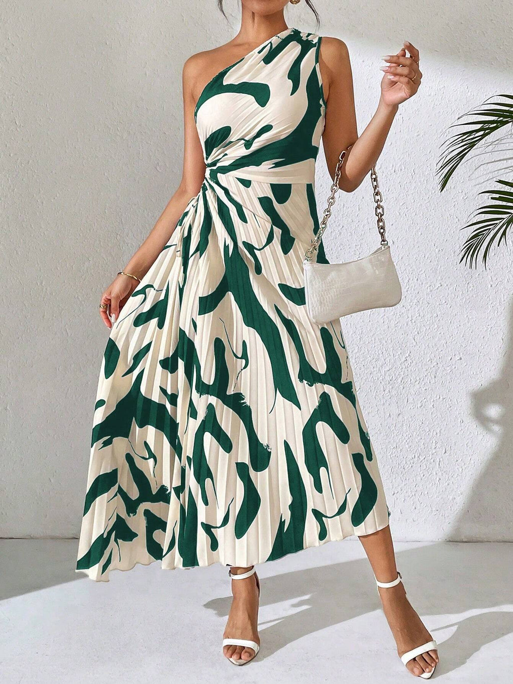Breezaya Summer Asymmetric Neckline Pleated Hollow Out Printed Long Dress Maxi Women Outfit