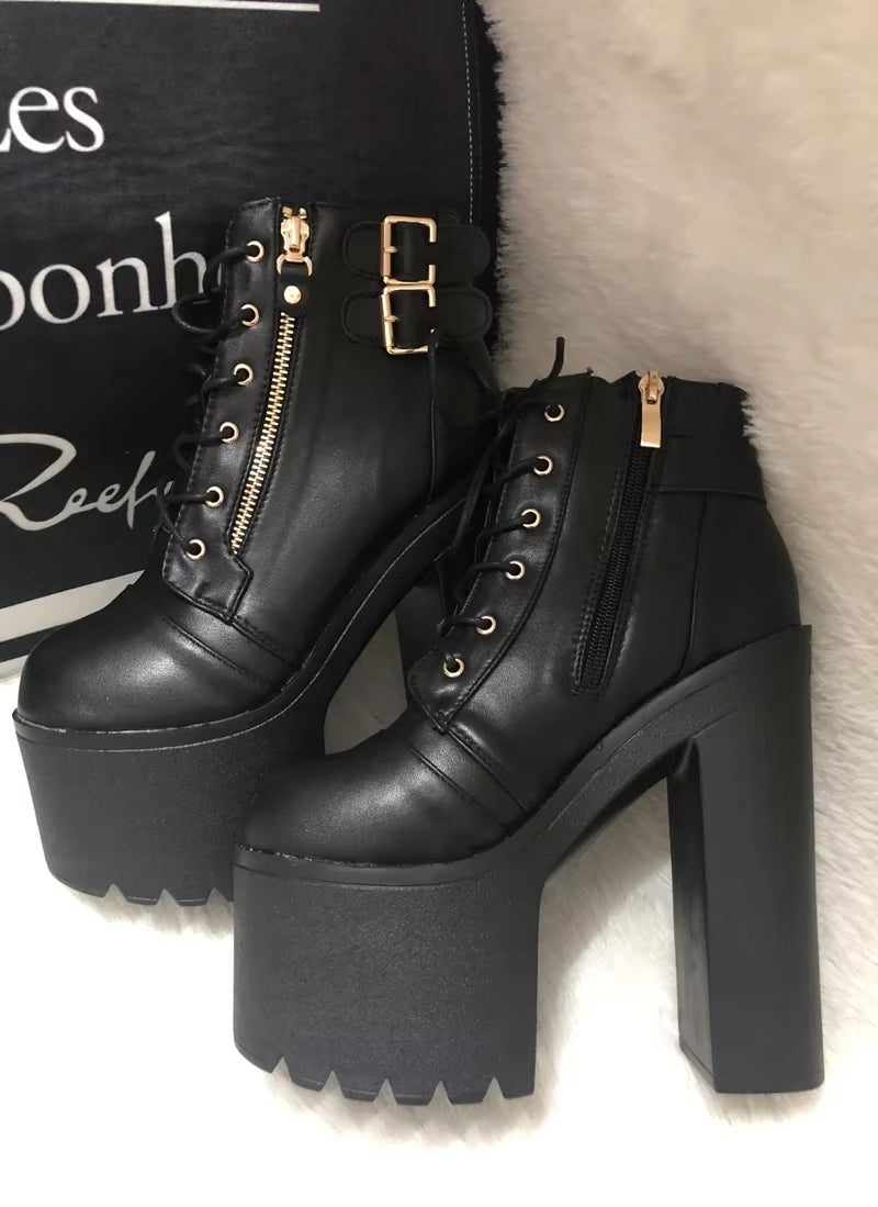 European and American Nightclub Sexy Ankle Boots 2025 Fall New 16 Cm Super High Heel Womens Boots Crude Heel Lace-Up Short Boots