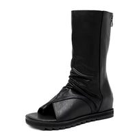 Zipper Design Black Women Shoes Wedges 2022 New Spring Autumn Open Toe Leather Mid-Calf Boots for Women Promotion Sale