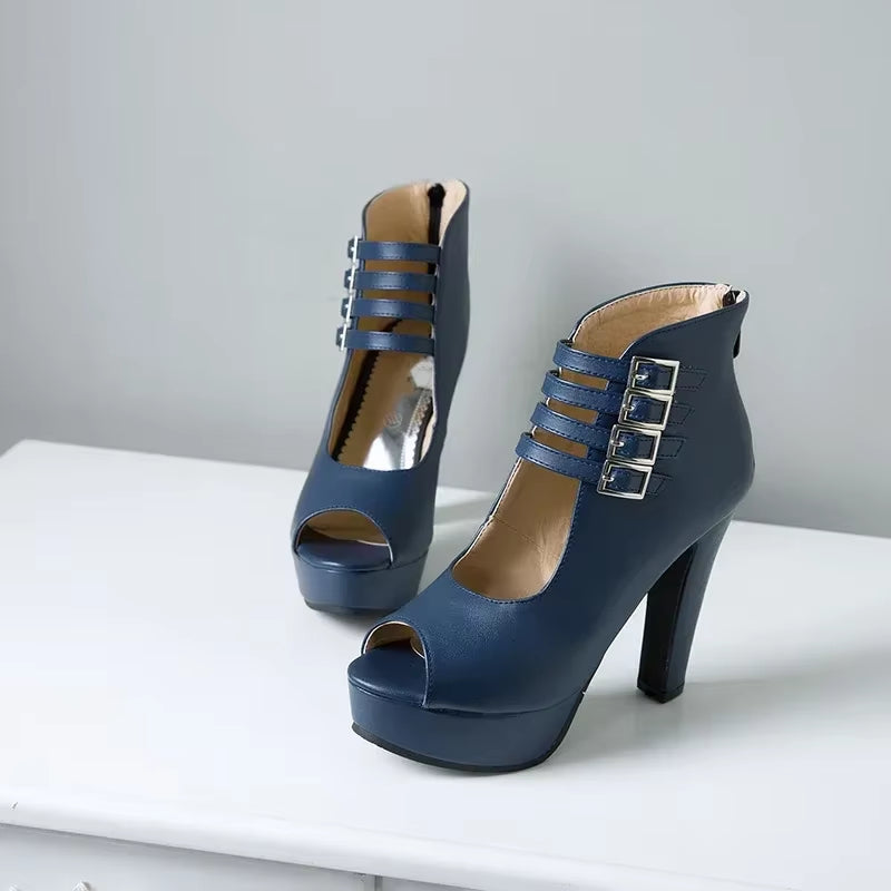2025 Summer New Womens Ankle Boots Sandals High Quality PU Leather Buckle Strap Zip Stiletto Heels plus Size 35-46 Shoes