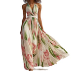Summer Women'S V-Neck Fashionable Printed Vacation Style Long Suspender Dress 2025 Elegant Temperament Printed Long Dress