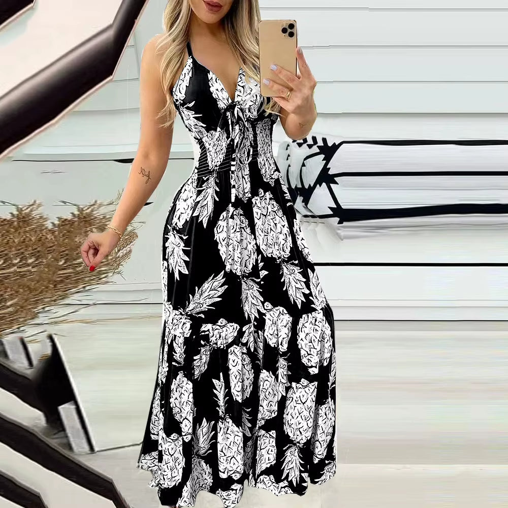 2023 Cross Border New European and American Amazon Hanging Neck, Bra, Strap, High Waist Printed Long Dress, Sexy Women'S Dress