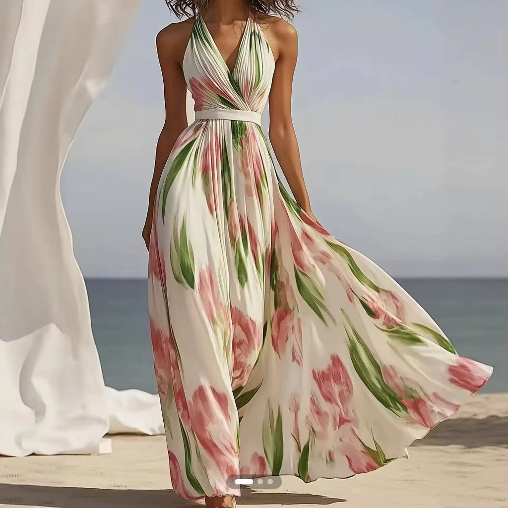 Summer Women'S V-Neck Fashionable Printed Vacation Style Long Suspender Dress 2025 Elegant Temperament Printed Long Dress