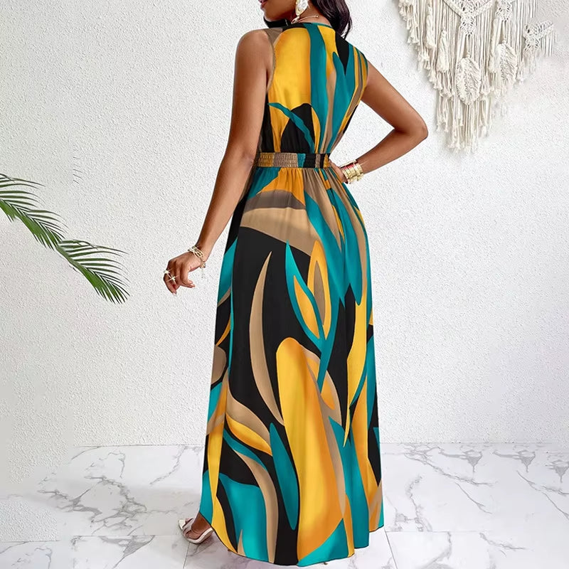 Fashionable Temperament Printed Waist Cinching Dress, Summer V-Neck Elegant Vacation Style Long Printed Dress for Women