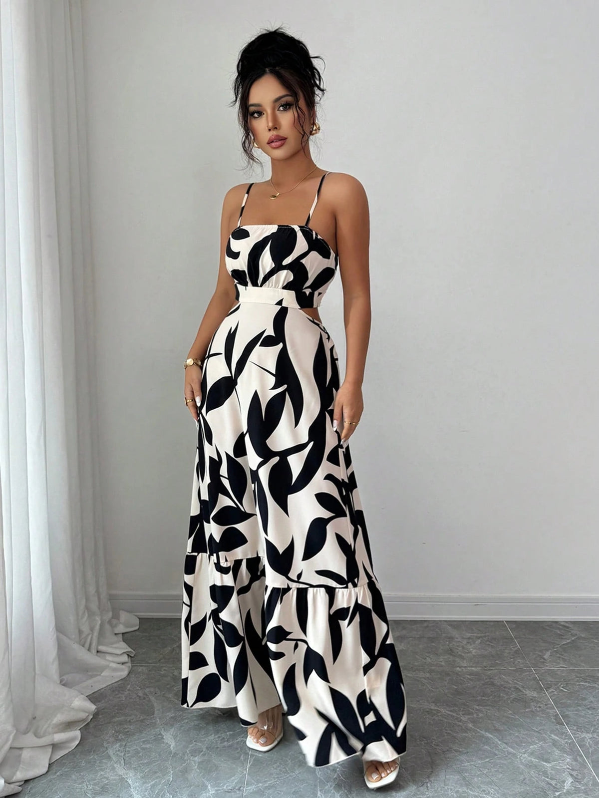 Rafferiza Women'S Elegant Printed Waist-Cinched Long Dress