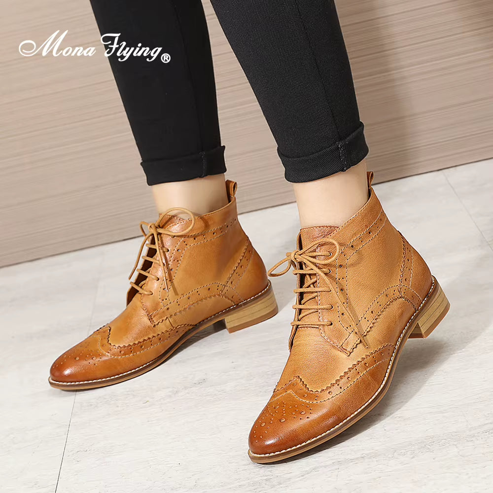 Womens Genuine Leather Brogue Boots Ankle High Fashion Lace up Oxford Booties Low Heel for Ladies Short Boots 068-65