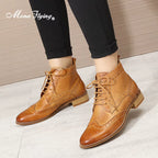 Womens Genuine Leather Brogue Boots Ankle High Fashion Lace up Oxford Booties Low Heel for Ladies Short Boots 068-65