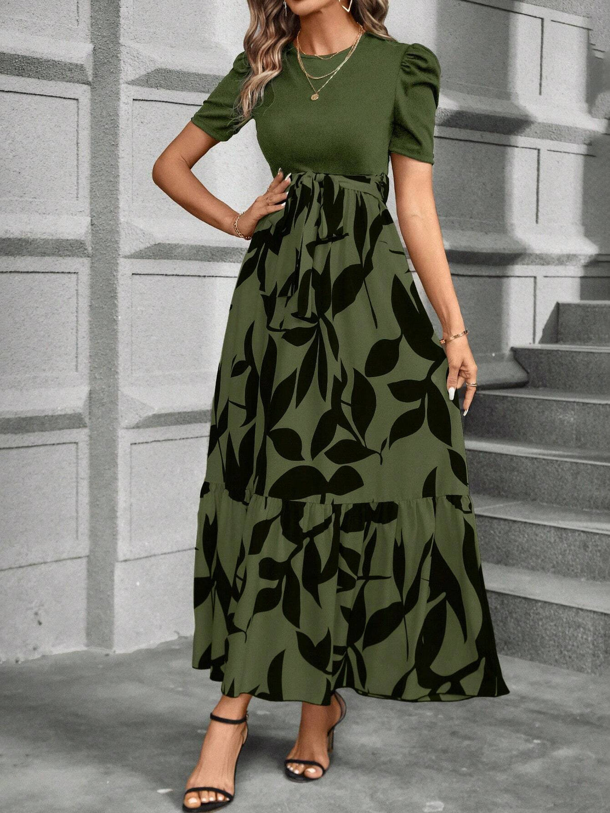 LUNE Women'S Stylish Patchwork Leaf Printed Long Dress