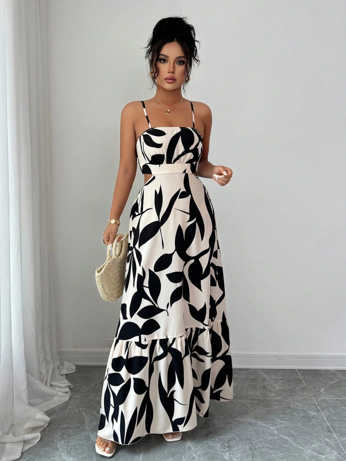 Rafferiza Women'S Elegant Printed Waist-Cinched Long Dress