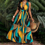 Fashionable Temperament Printed Waist Cinching Dress, Summer V-Neck Elegant Vacation Style Long Printed Dress for Women