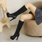 Womens Designer Boots Leather round Toe Zip Knee High Boots High Heels Gothic Shoes Fashion Sexy Super Big Size 50 702
