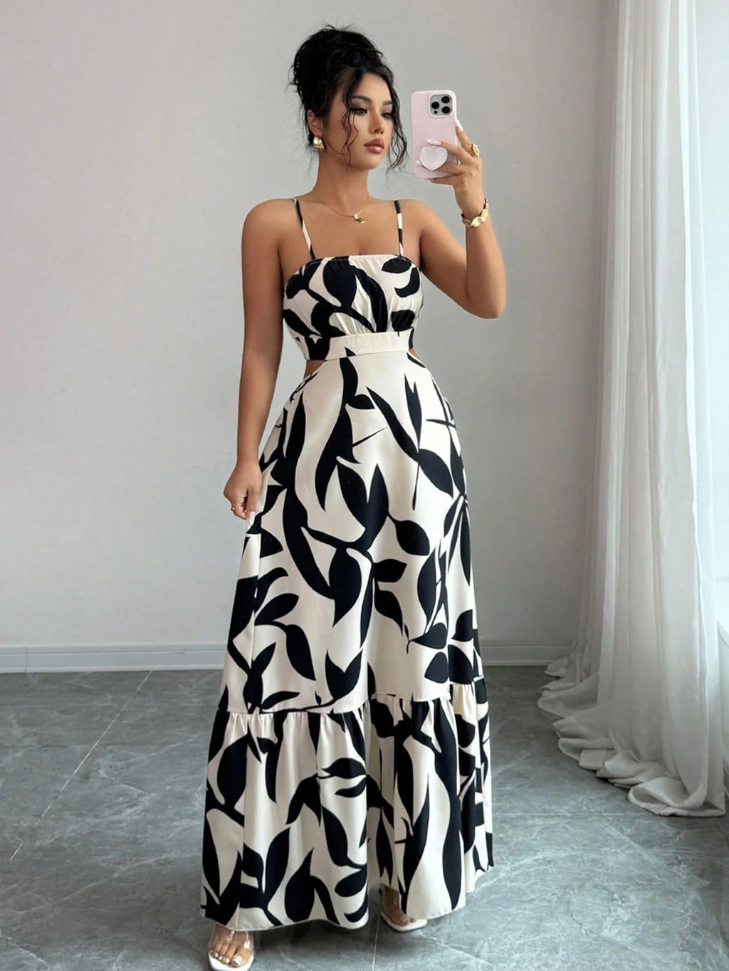 Rafferiza Women'S Elegant Printed Waist-Cinched Long Dress