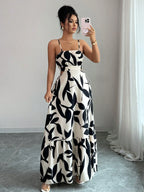 Rafferiza Women'S Elegant Printed Waist-Cinched Long Dress