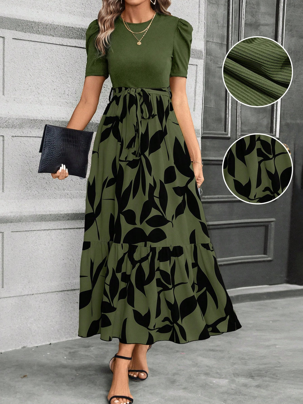 LUNE Women'S Stylish Patchwork Leaf Printed Long Dress
