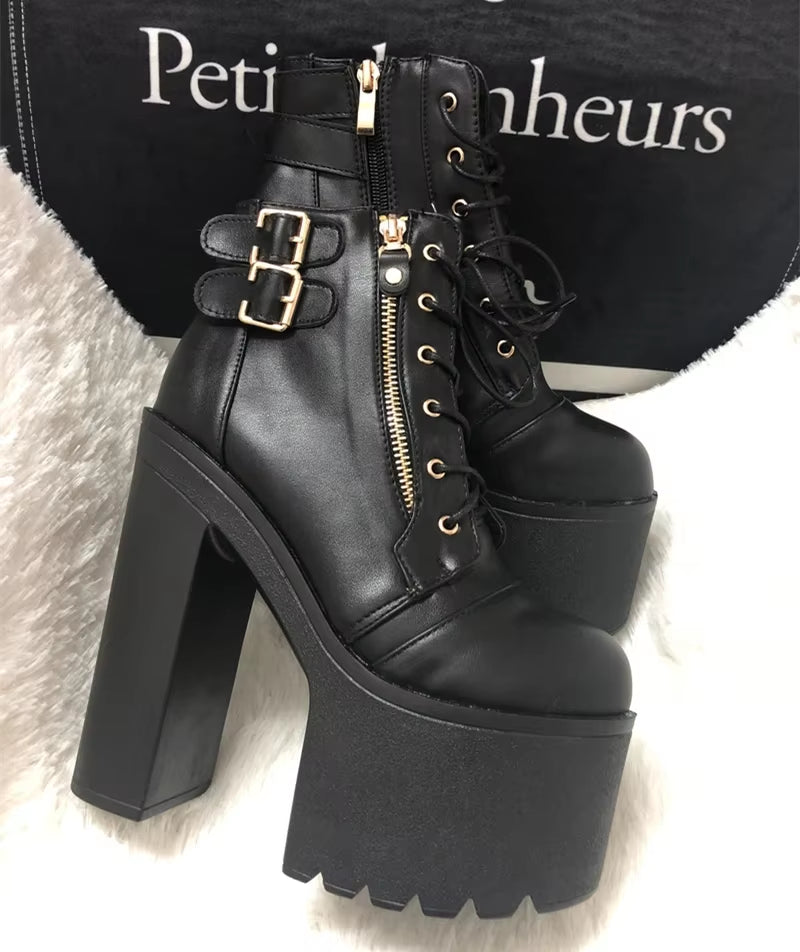 European and American Nightclub Sexy Ankle Boots 2025 Fall New 16 Cm Super High Heel Womens Boots Crude Heel Lace-Up Short Boots