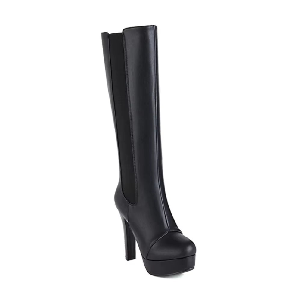 Womens Designer Boots Leather round Toe Zip Knee High Boots High Heels Gothic Shoes Fashion Sexy Super Big Size 50 702
