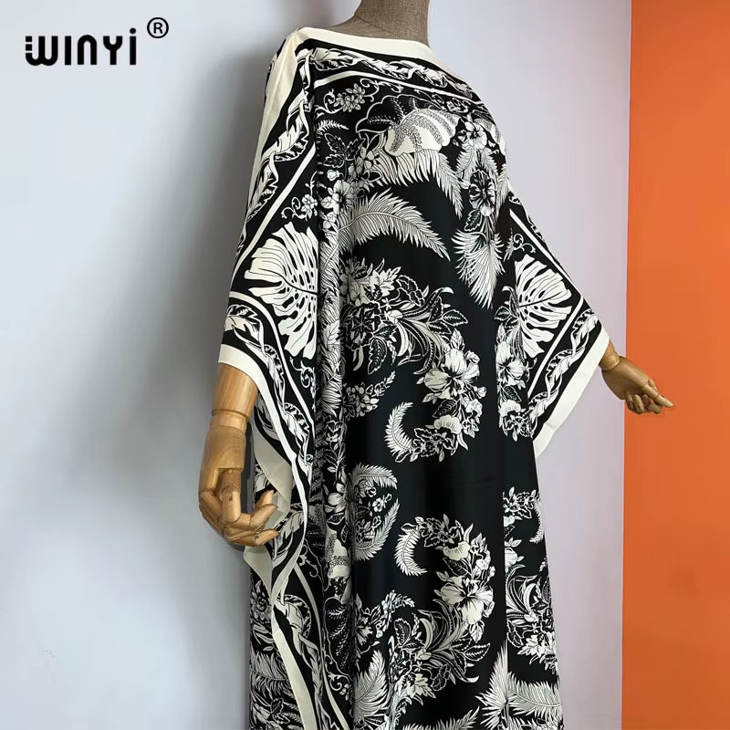 High Quality Summer Women Muslim Middle East Boho Popular Print Silk Kaftan Maxi Dress Beach Bohemian Printed Long Dress