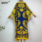 High Quality Summer Women Muslim Middle East Boho Popular Print Silk Kaftan Maxi Dress Beach Bohemian Printed Long Dress