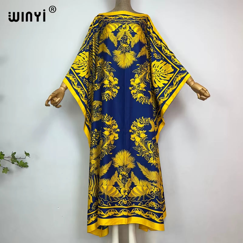 High Quality Summer Women Muslim Middle East Boho Popular Print Silk Kaftan Maxi Dress Beach Bohemian Printed Long Dress