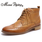 Womens Genuine Leather Brogue Boots Ankle High Fashion Lace up Oxford Booties Low Heel for Ladies Short Boots 068-65