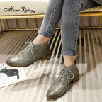 Womens Genuine Leather Brogue Boots Ankle High Fashion Lace up Oxford Booties Low Heel for Ladies Short Boots 068-65