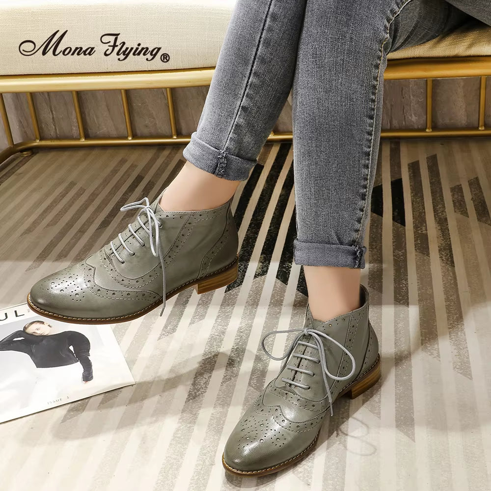 Womens Genuine Leather Brogue Boots Ankle High Fashion Lace up Oxford Booties Low Heel for Ladies Short Boots 068-65