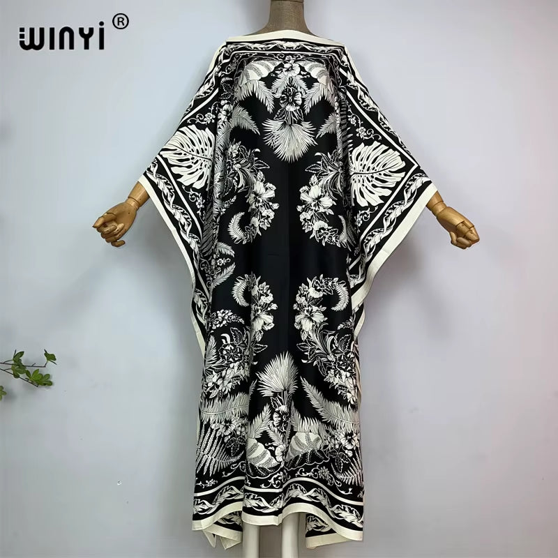 High Quality Summer Women Muslim Middle East Boho Popular Print Silk Kaftan Maxi Dress Beach Bohemian Printed Long Dress