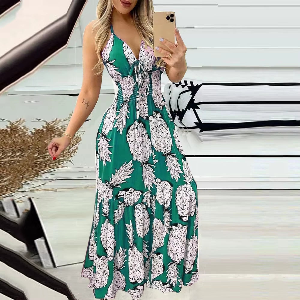 2023 Cross Border New European and American Amazon Hanging Neck, Bra, Strap, High Waist Printed Long Dress, Sexy Women'S Dress