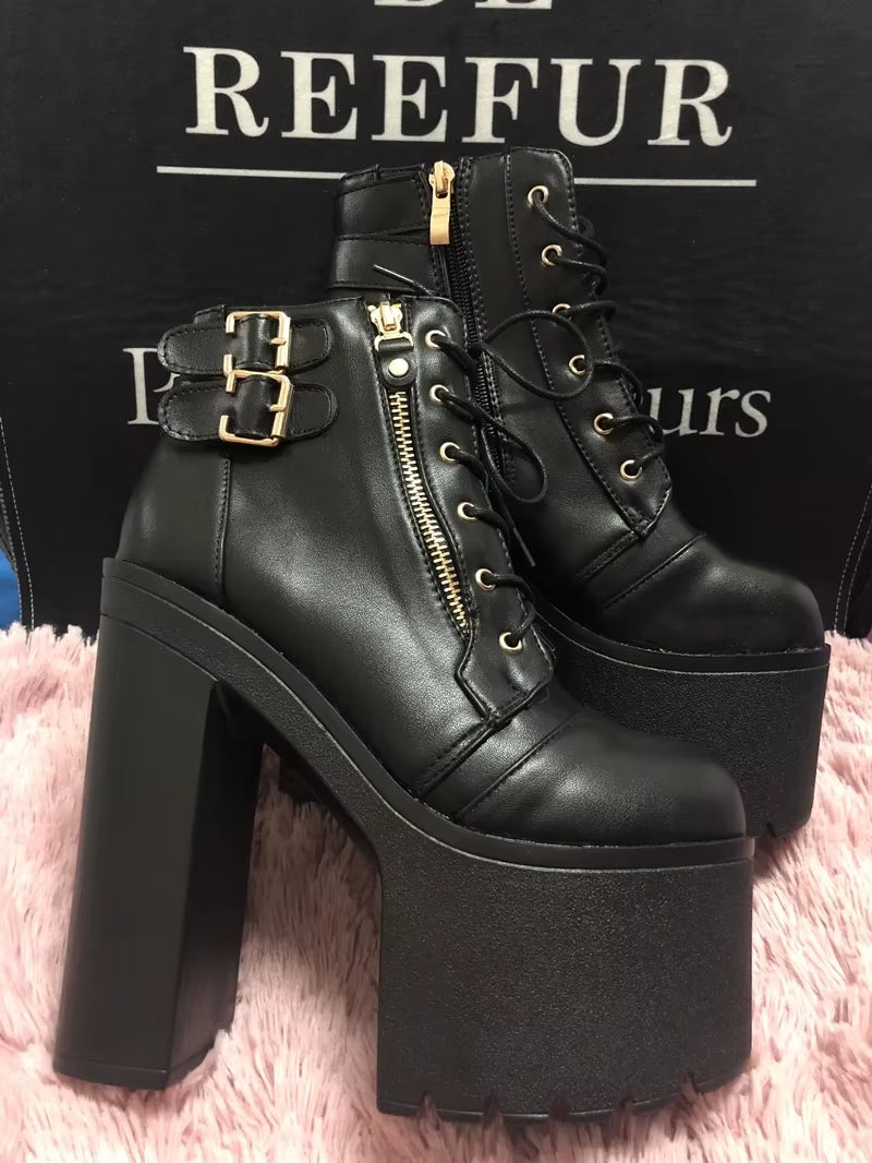European and American Nightclub Sexy Ankle Boots 2025 Fall New 16 Cm Super High Heel Womens Boots Crude Heel Lace-Up Short Boots