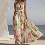 Summer Women'S V-Neck Fashionable Printed Vacation Style Long Suspender Dress 2025 Elegant Temperament Printed Long Dress