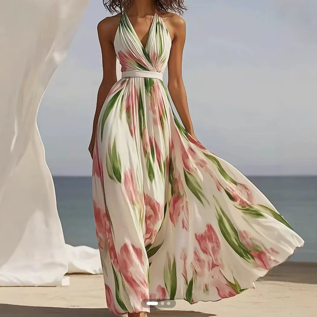 Summer Women'S V-Neck Fashionable Printed Vacation Style Long Suspender Dress 2025 Elegant Temperament Printed Long Dress