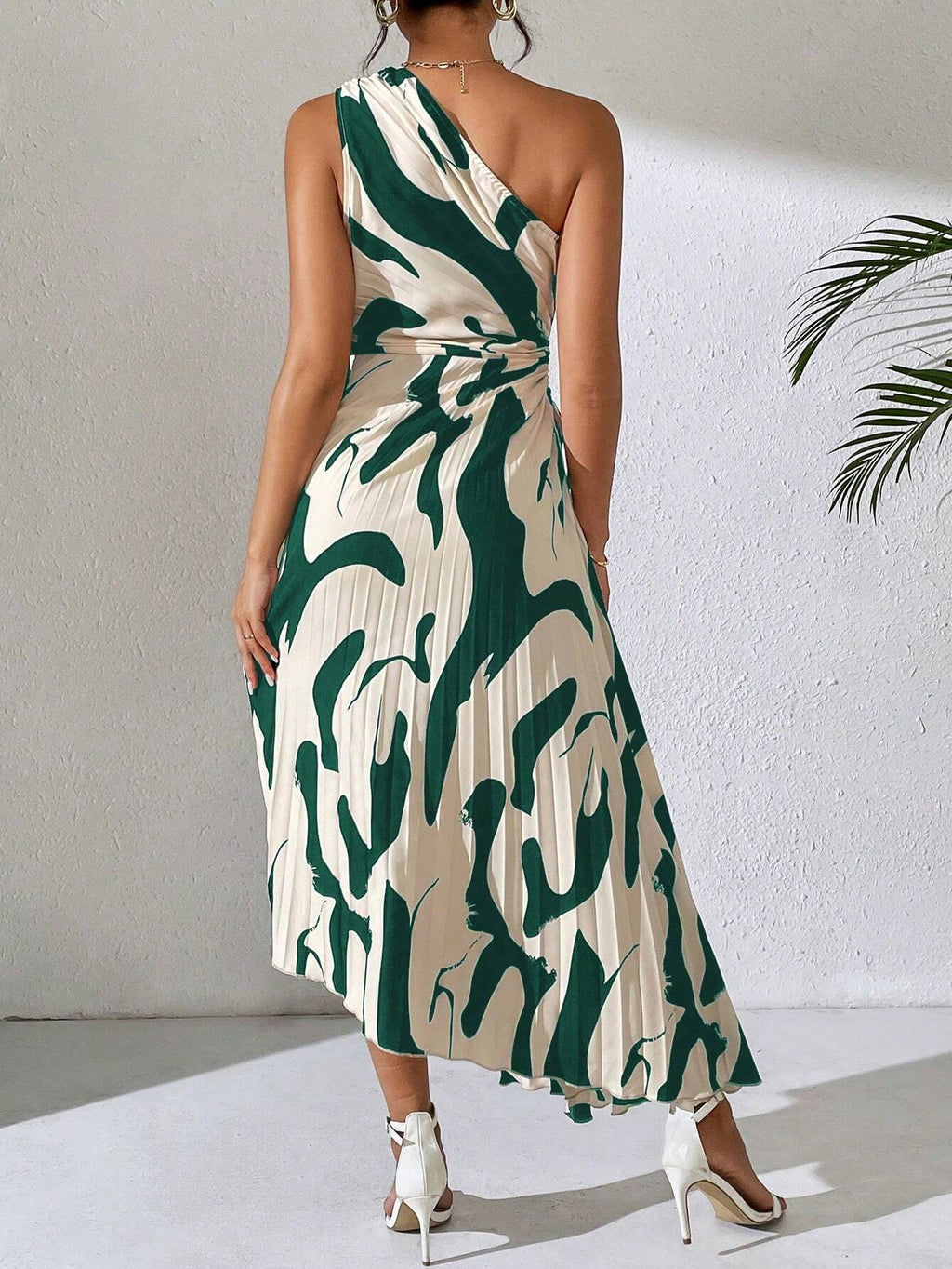 Breezaya Summer Asymmetric Neckline Pleated Hollow Out Printed Long Dress Maxi Women Outfit