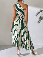 Breezaya Summer Asymmetric Neckline Pleated Hollow Out Printed Long Dress Maxi Women Outfit