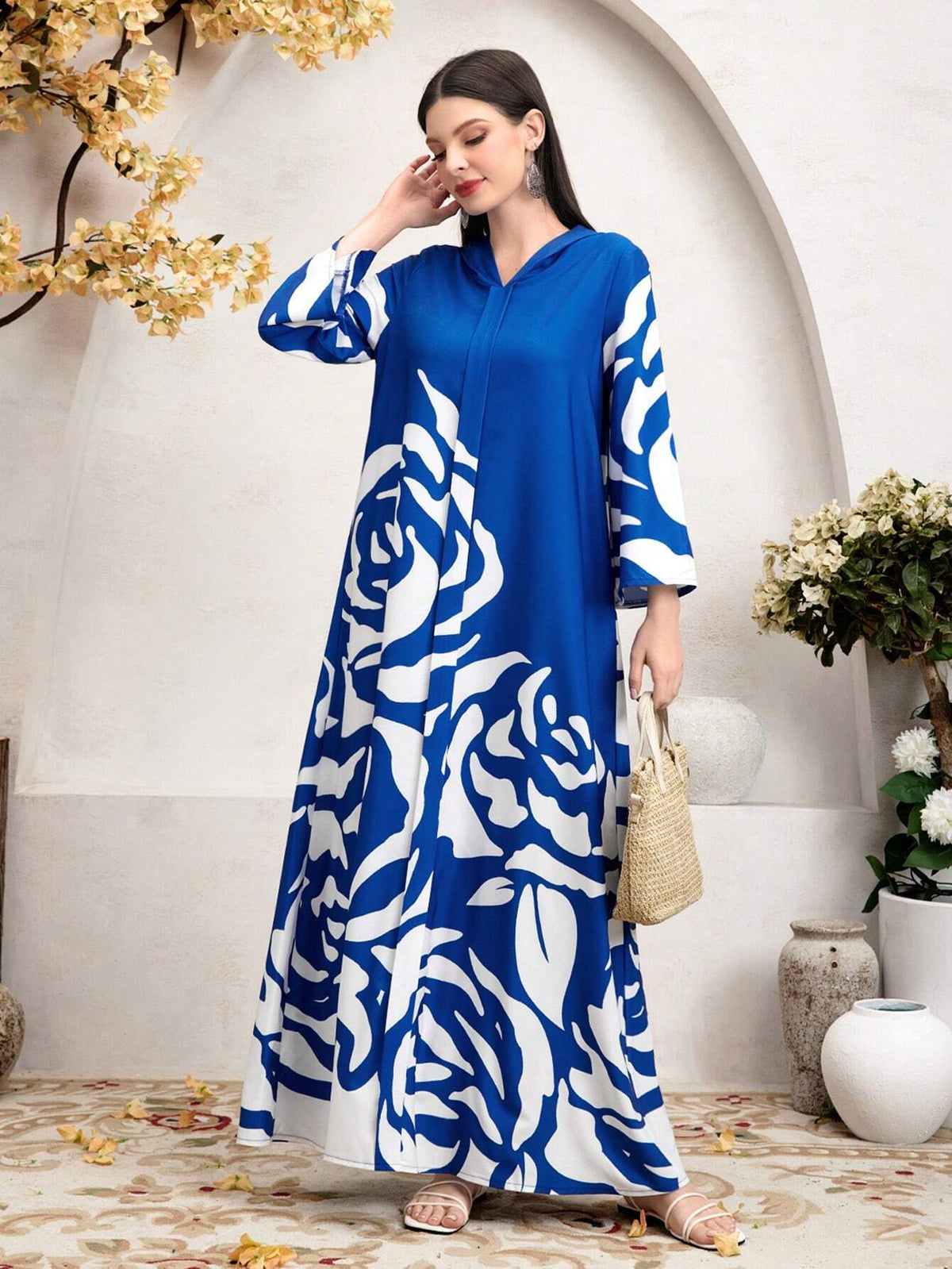 Mulvari Pattern Printed Hooded Modest Long Sleeve Dress