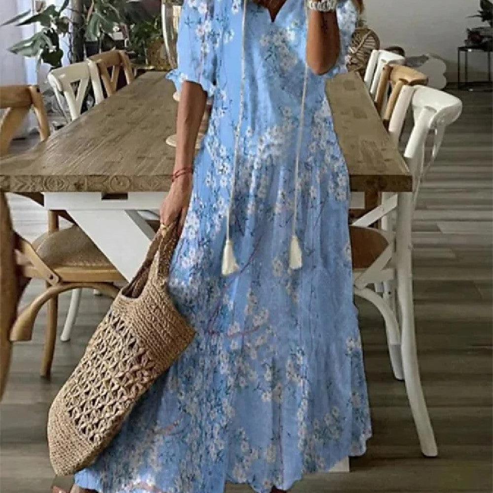 Women'S Printed Medium Sleeve Long Dress