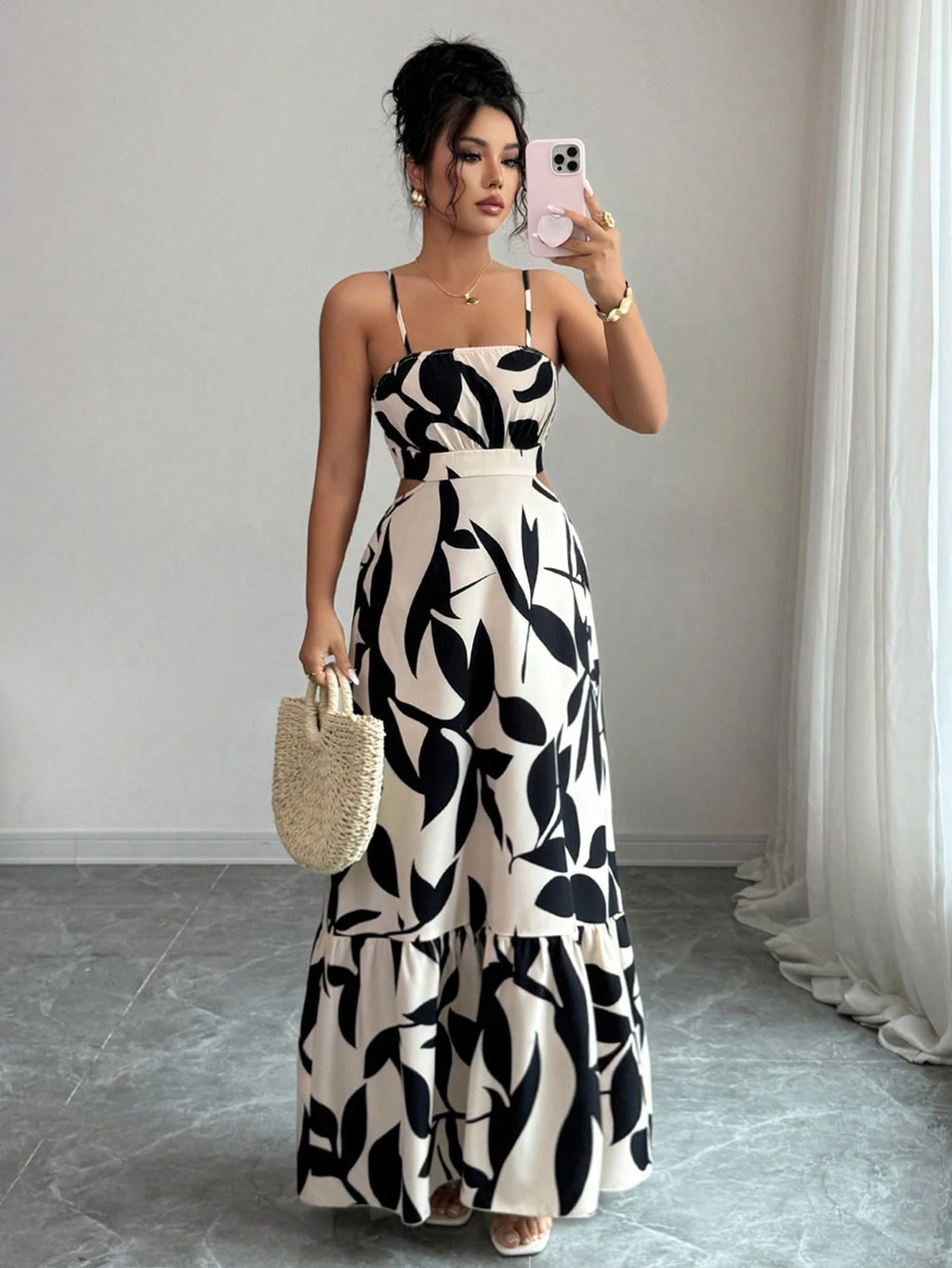 Rafferiza Women'S Elegant Printed Waist-Cinched Long Dress