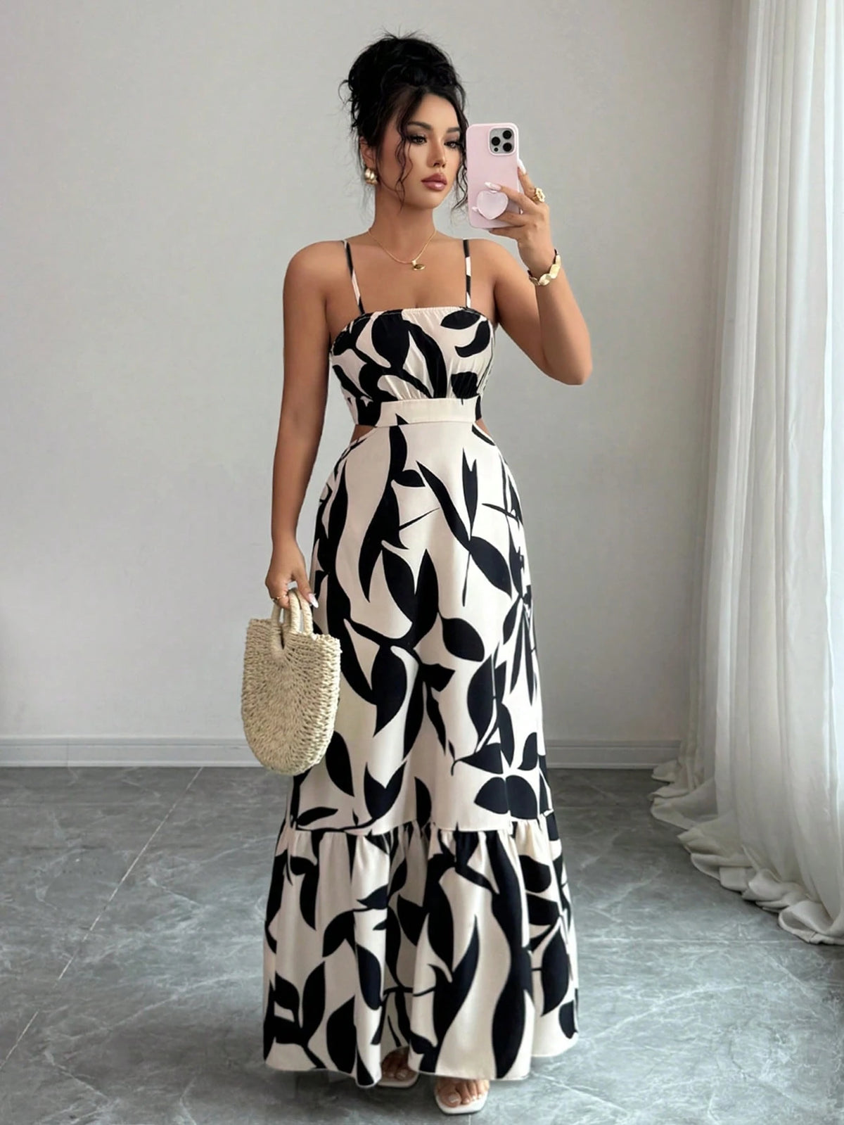 Rafferiza Women'S Elegant Printed Waist-Cinched Long Dress