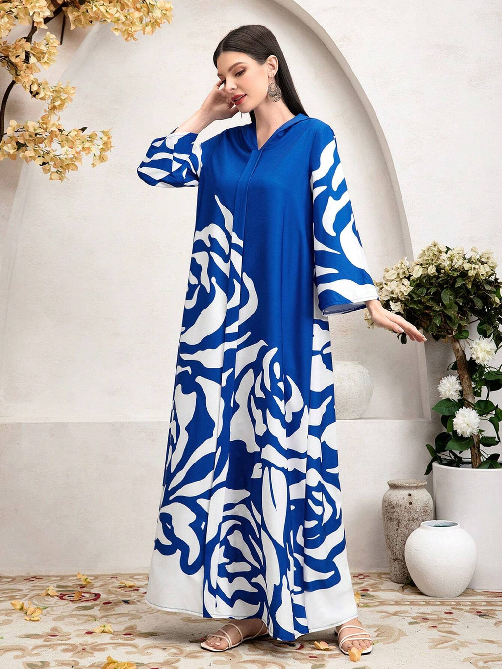 Mulvari Pattern Printed Hooded Modest Long Sleeve Dress