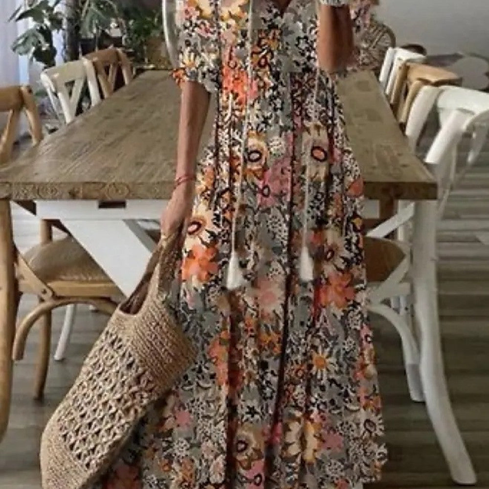 Women'S Printed Medium Sleeve Long Dress