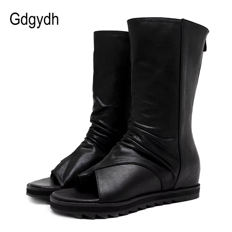 Zipper Design Black Women Shoes Wedges 2022 New Spring Autumn Open Toe Leather Mid-Calf Boots for Women Promotion Sale