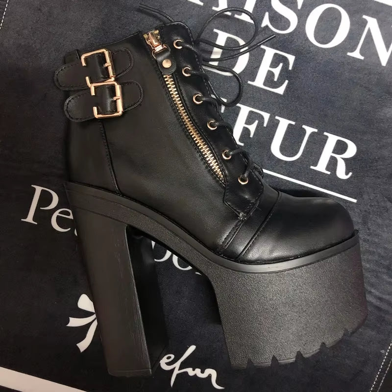 European and American Nightclub Sexy Ankle Boots 2025 Fall New 16 Cm Super High Heel Womens Boots Crude Heel Lace-Up Short Boots