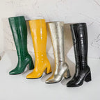 Green Yellow Boots for Woman Snake Skin PU Leather Block High Heels Zipper Womens Winter Boots Knee High Long Boots