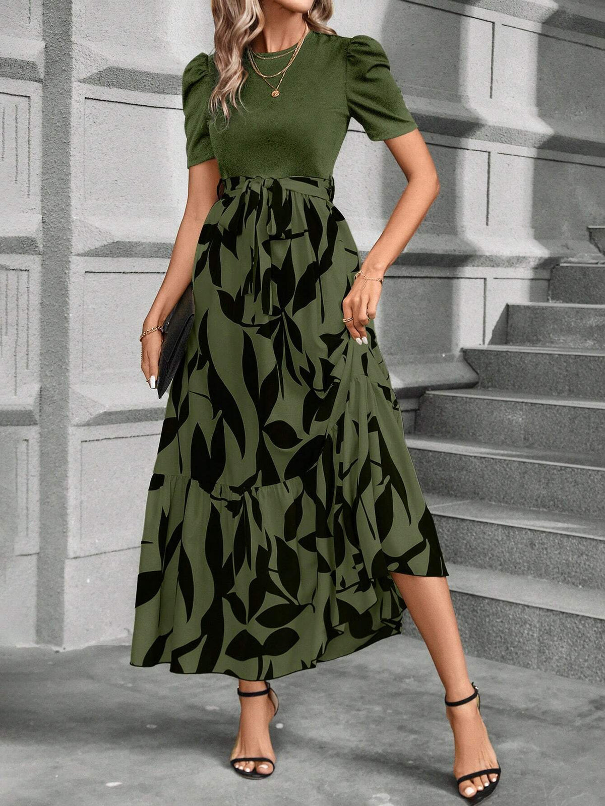 LUNE Women'S Stylish Patchwork Leaf Printed Long Dress
