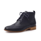 Womens Genuine Leather Brogue Boots Ankle High Fashion Lace up Oxford Booties Low Heel for Ladies Short Boots 068-65