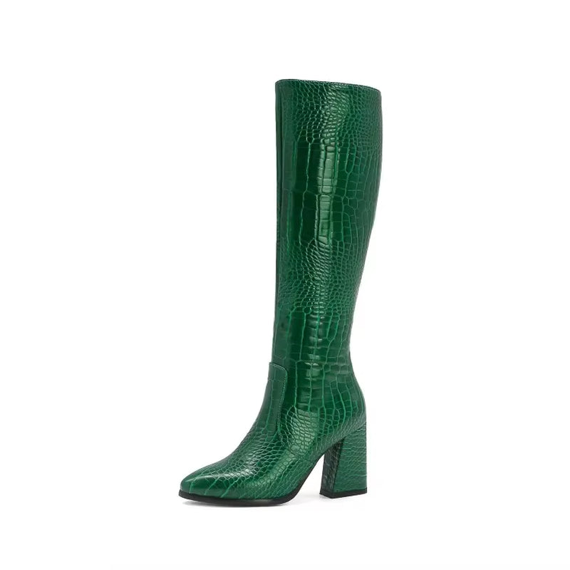 Green Yellow Boots for Woman Snake Skin PU Leather Block High Heels Zipper Womens Winter Boots Knee High Long Boots