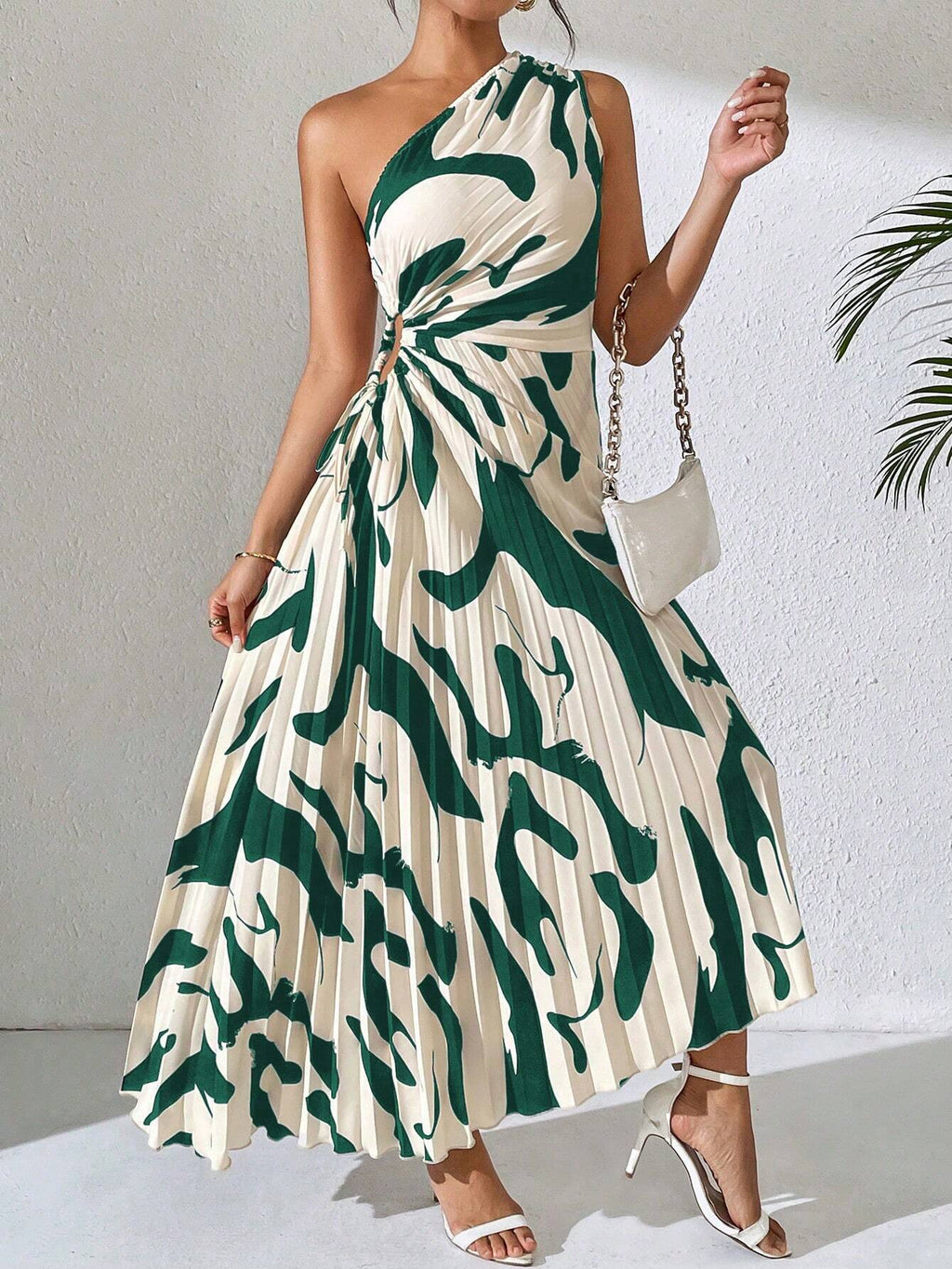 Breezaya Summer Asymmetric Neckline Pleated Hollow Out Printed Long Dress Maxi Women Outfit