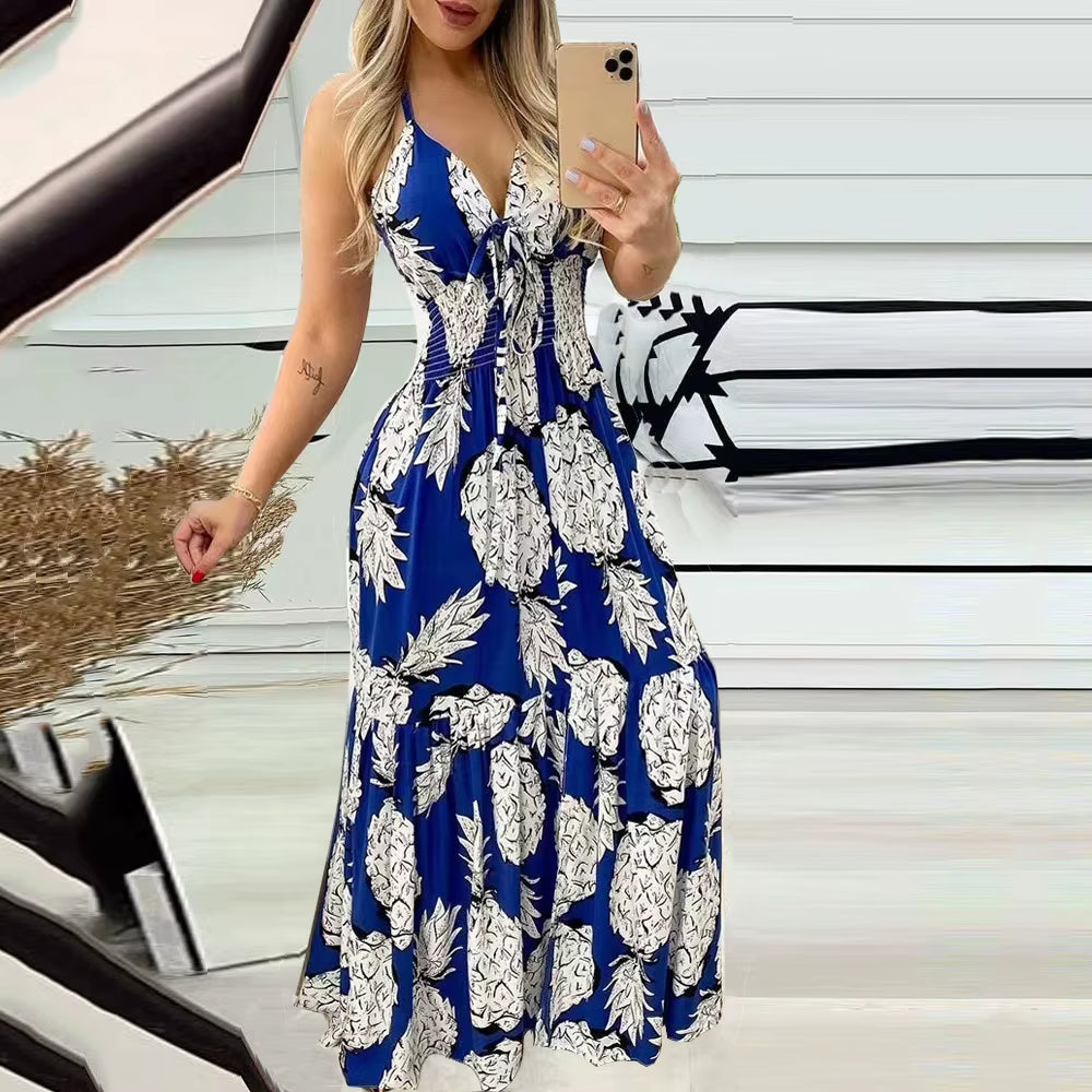 2023 Cross Border New European and American Amazon Hanging Neck, Bra, Strap, High Waist Printed Long Dress, Sexy Women'S Dress