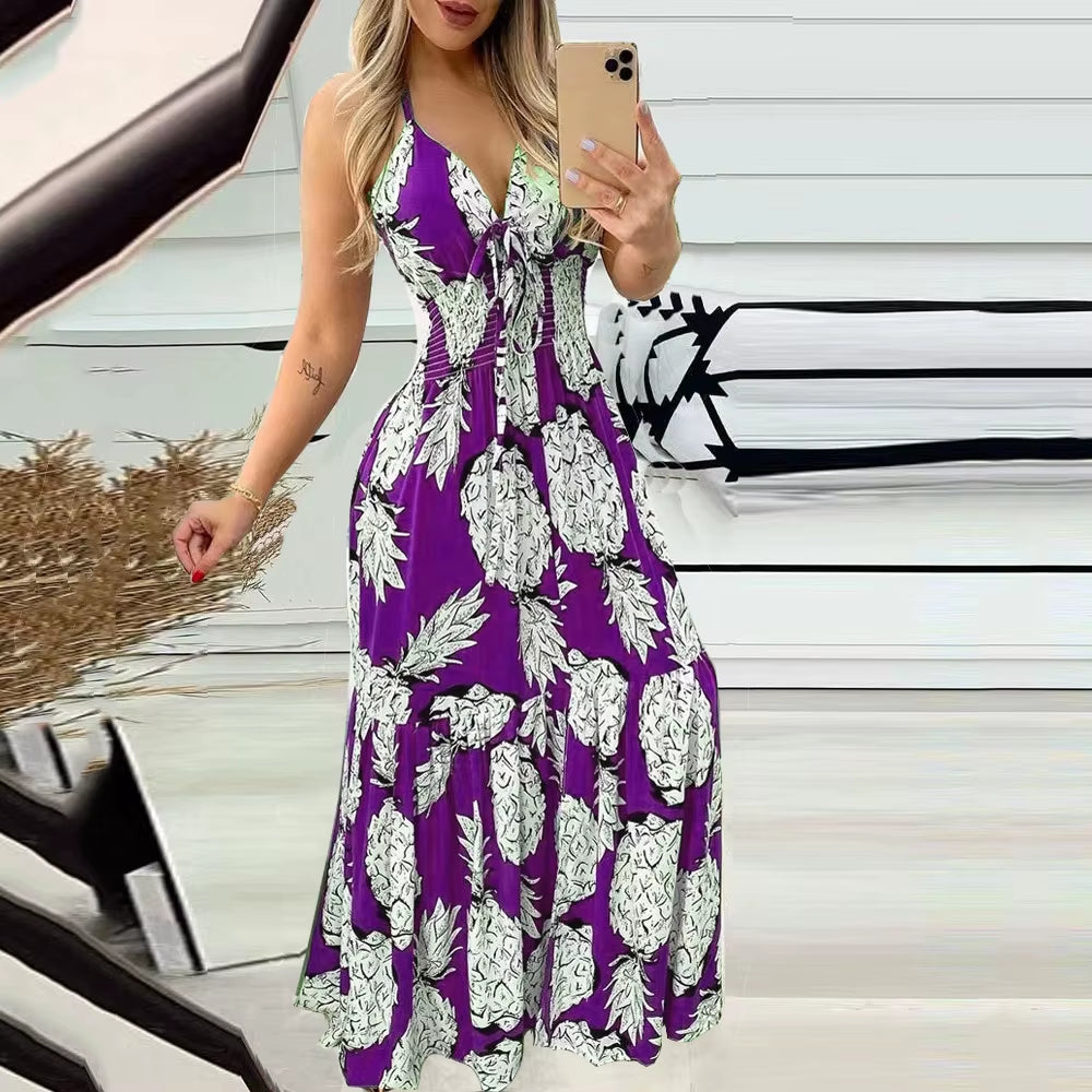 2023 Cross Border New European and American Amazon Hanging Neck, Bra, Strap, High Waist Printed Long Dress, Sexy Women'S Dress